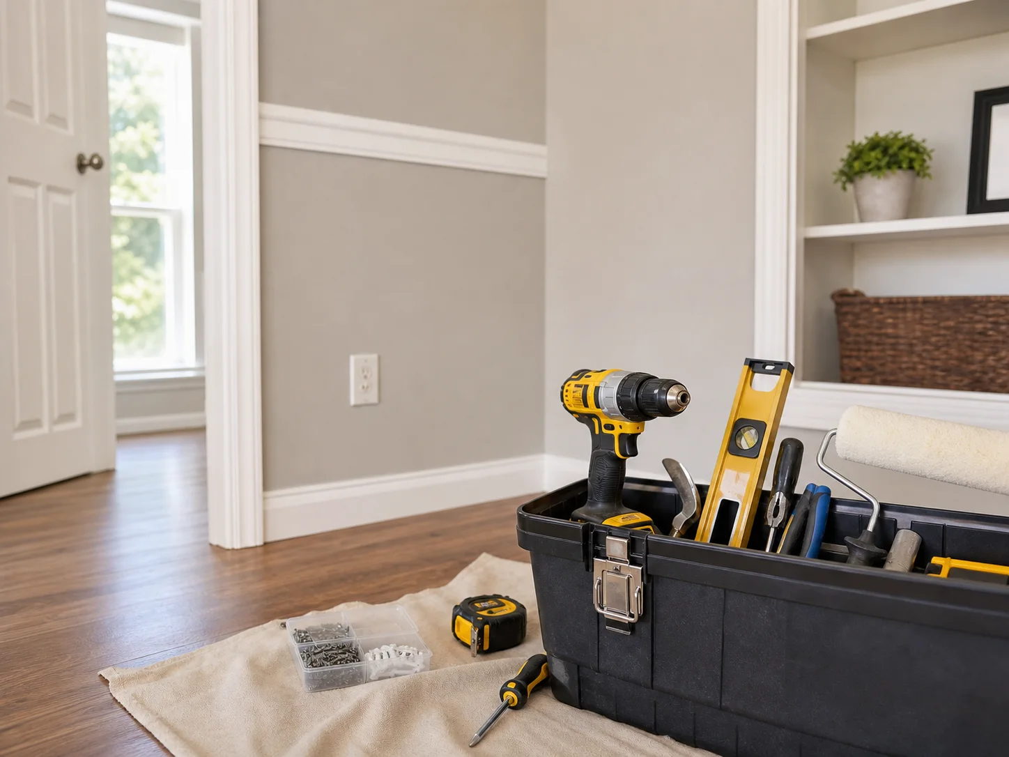 Repair and installation planning Organized handyman tool kit staged in a finished room